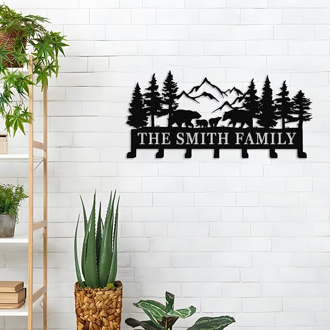 Custom Metal Hooks Key Rack with Name,Bear Family Theme Decor,Personalized Key Holder Wall Mount Hooks for Bedroom Entryway,Housewarming Gift Bear