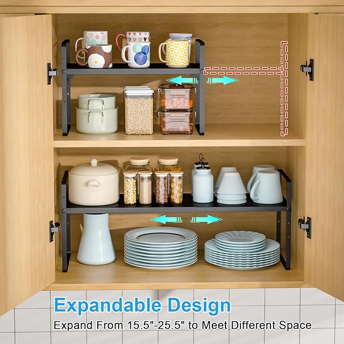 25.5 Inches 2 Pack Expandable Cabinet Shelves, Stackable Shelf Organizer for Kitchen Cabinet Countertop Storage, Adjustable Counter Cupboard Pantry Organizer Shelf Rack Stand Riser, Black