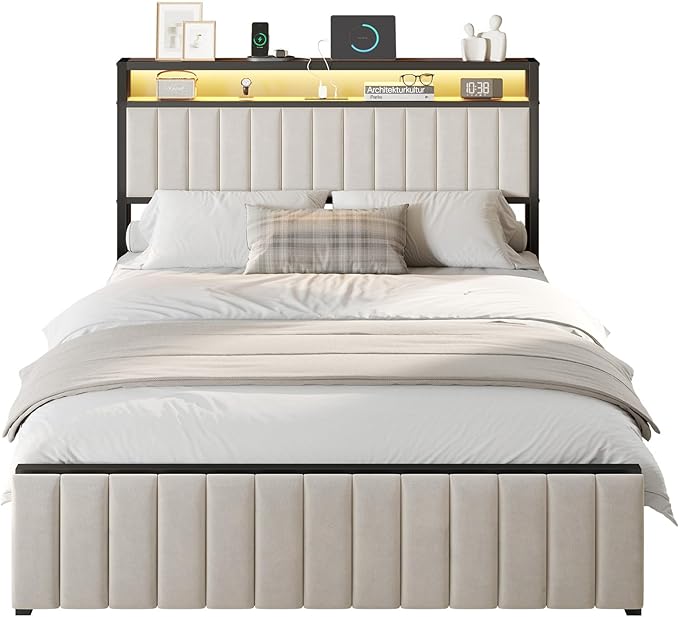Queen Bed Frame with Folding Bench and Charging Station, Velvet Upholstered Headboard with LED Light and Storage Shelf, Heavy Duty Metal Slats/No Box Spring Needed/Easy Assembly, Beige