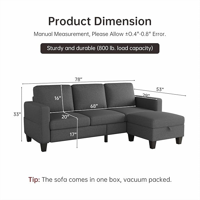 Youmumeub 79''Sectional Couch Couches for Living Room - L-Shaped 4-Seater Deep Sectional Sofa,Removable Covers,Suitable for The Living Room, Apartment or Office-Dark Gray