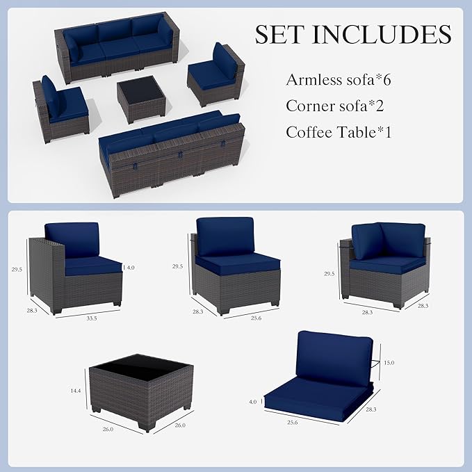 Gotland 9 Pieces Patio Furniture Set with 29.5'' High Backrest, All Weather PE Wicker Outdoor Furniture with 4’’ Thickened Cushions Coffee Table, Patio Set for Deck, Garden, Backyard, Navy