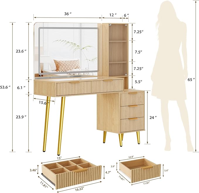 GarveeHome Fluted Makeup Vanity Desk with Lights, 48 in Big Vanity with Glass Top and Large 36" HD Lighted Mirror, Modern Dressing Table with 5 Drawers 3-Tier Shelves Set w/Charging Station (Oak)
