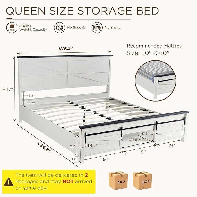 JXQTLINGMU Farmhouse Queen Size Bed Frame with 47" Tall Headboard, Wood Queen Bed Frame with Storage Cabinet, Solid Wood Slats Support, Noiseless, No Box Spring Needed (Antique White)