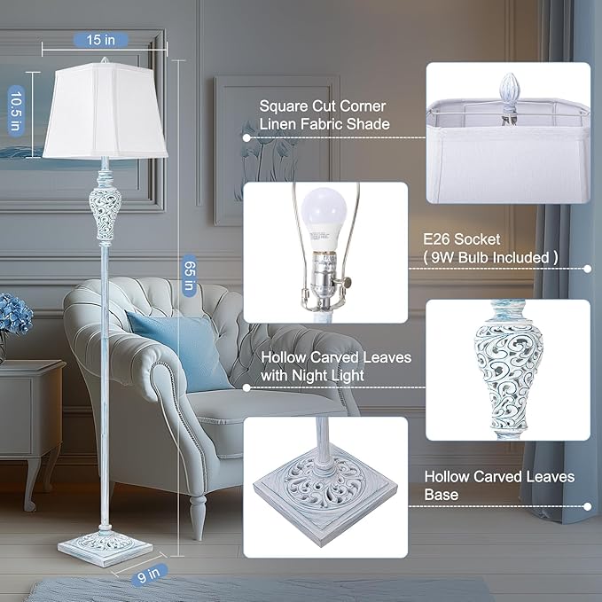 Vintage Floor Lamp with Nightlight, 65" Retro Standing Lamp with White Linen Shade, Washed Blue Finish Farmhouse Style Design Tall Lamp Decor for Living Room Bedroom Study Home Corner (Bulb Included)