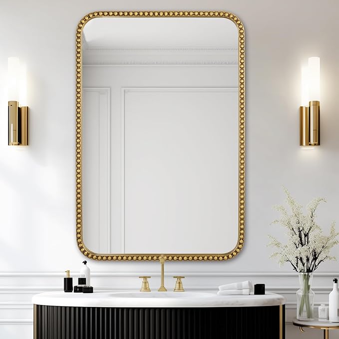 Wall Mirror for Bathroom - 30"x40" Rectangle Rounded Corner Beaded Frame Mirror, Large Vanity Mirror Hangs Horizontal or Vertical, Antique Gold