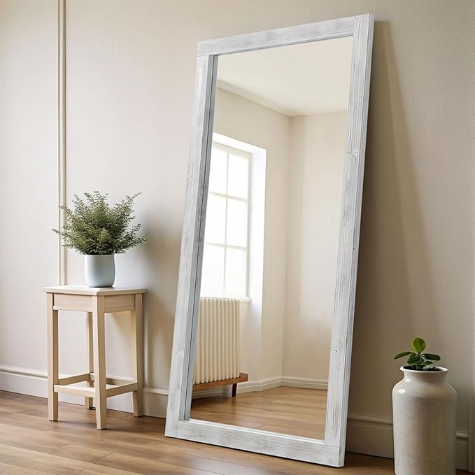 Rustic Farmhouse Full Length Mirror with Stand 71"X32" Large Wood Frame Floor Mirror, Leaning or Wall-Mounted Free Standing Mirror Tempered Glass for Bedroom Living Room, White