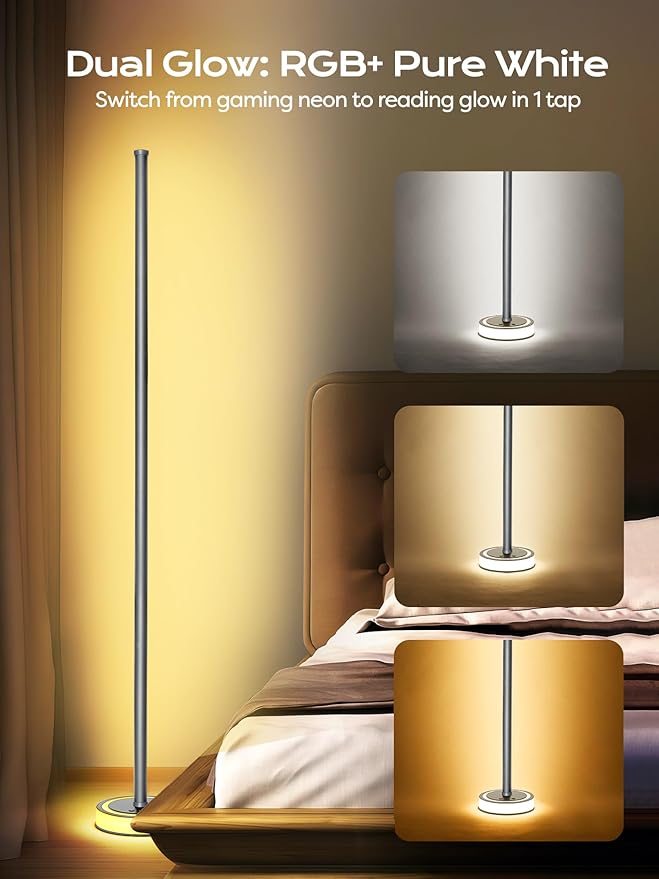 Smart Corner Floor Lamp, RGBICW LED Standing Lamp with App Control, 16 Million Colors with Music Sync, Dimmable Ambient Light for Bedroom, Living Room, Home Decor (Gray)