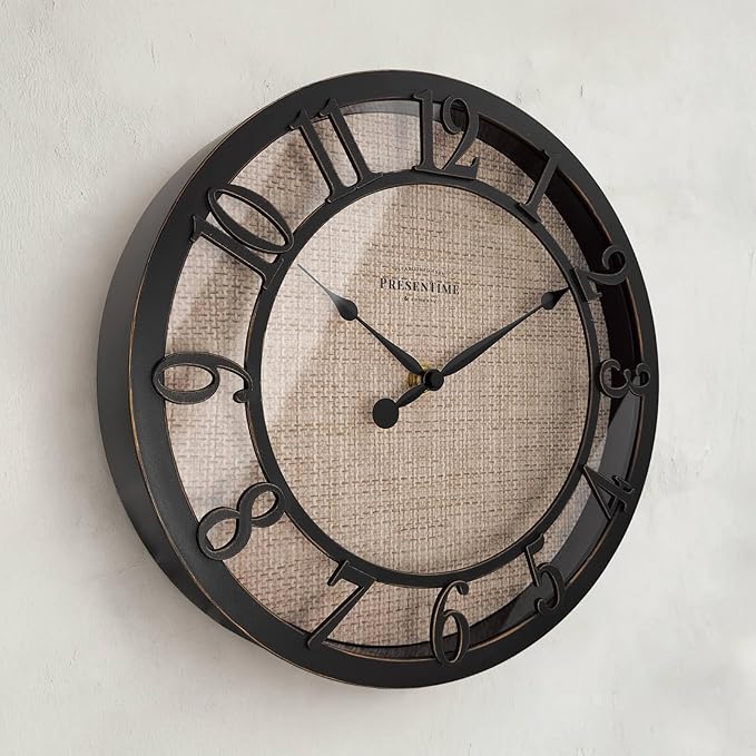 Presentime & Co 10" Farmhouse Series Wall Clock, Cottage Style, Faux Burlap Design, Silent no Ticking, Oil Rubbed Bronze Finish