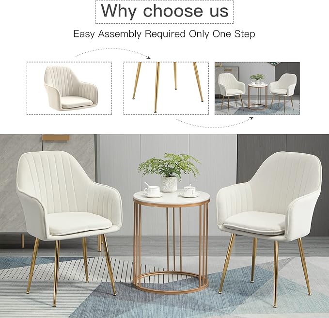 ECOTOUGE Matte Velvet Dining Chairs Set of 4, Modern Arm Chair with Golden Metal Legs, Living Room Accent Chairs for Kitchen, Beige