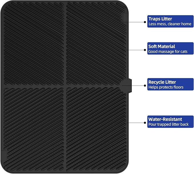 Cat Litter Mat Large, Waterproof Urine Proof Silicone Kitty Litter Mat, Easy Clean Cat Litter Box Mat, Washable Litter Trapping Mat, Scatter Control, Less Waste(Black, 31''X23'')