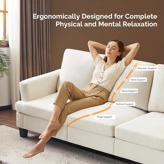 VINGLI White 83" Sofa Couches for Living Room, Faux Suede Modern Comfy 3 Seater Couch 25.6" Deep Seat Upholstery Cozy Sofas for Small Space, Bedroom, Apartment, Home Office