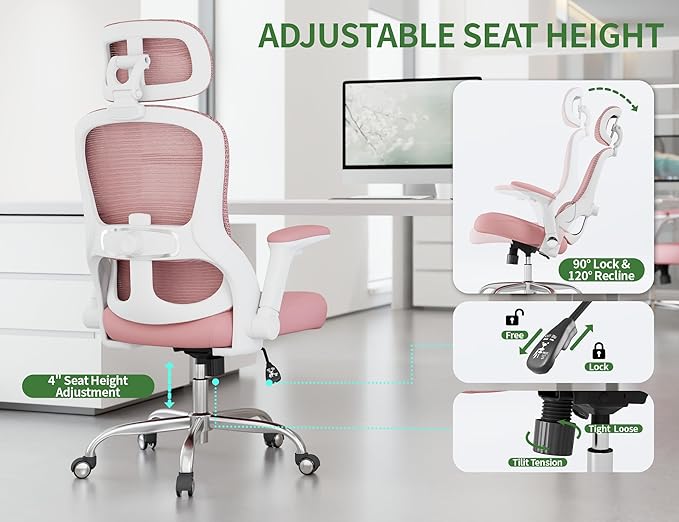 Office Chair Ergonomic Desk Chair, 4000 LBS Home Mesh Office Desk Chairs with Wheels, Computer Chair, Comfortable Gaming Chair with 3D Headrest, High Back Office Chair for Long Hours (Pink)