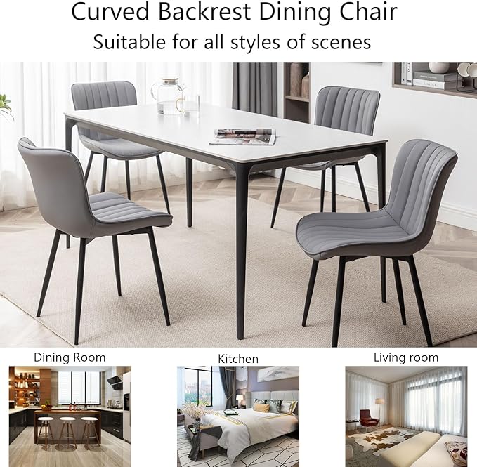 Leather Dining Chairs Set of 4, Upholstered Dining Room Chairs with Metal Legs, Modern Dining Chair for Dining Room, Kitchen (Grey)