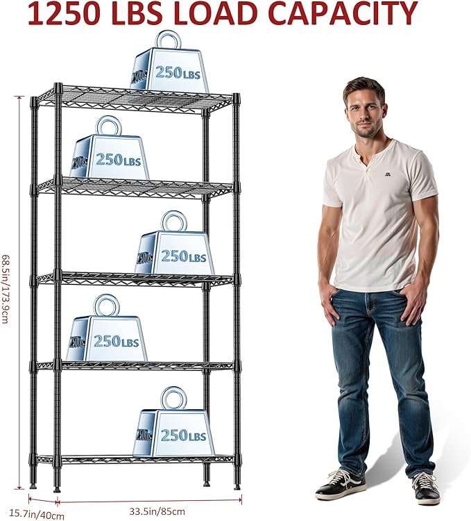 IZEUK 5 Tier Black Metal Storage Shelves, Heavy Duty Adjustable Wire Shelving Rack for Garage, Kitchen, Bathroom, Closet Organizer, 1250 lbs Capacity, 15.7" D x 33.5" W x 68.5" H