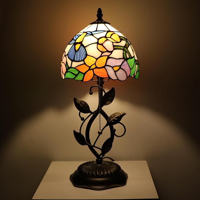 Small Tiffany Lamp Hummingbird Style Stained Glass Table Lamps Desk Bedside Reading Light 8X8X18 Inches with Bronze Metal Leaf Resin Base