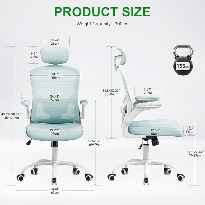 Office Computer Desk Chair - Lumbar Support and Headrest, Ergonomic Mesh Back Swivel Task Chair,Flip-Up Arms for Desk Work, 90-120° Tilt Rolling Chair for Home Office(White-Blue6076)