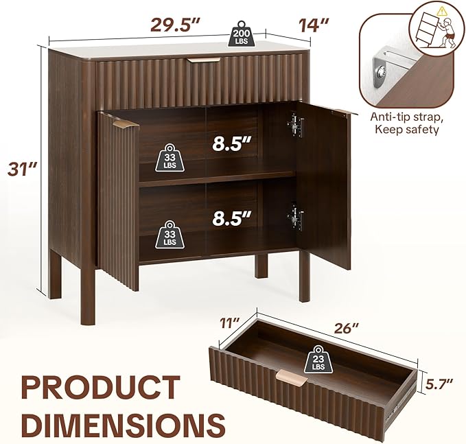 Sideboard Buffet Cabinet with Storage - Modern Fluted Credenza with Doors & Drawer, Accent Cabinet Coffee Table Bar Counter Bookcase for Living Room Kitchen Dining Room Entryway 31" H Walnut
