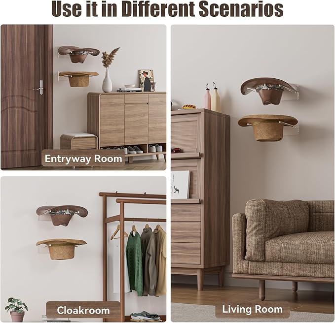 Cowboy Hat Rack for Wall: 2 Pack Acrylic Hat Holder Organizer - Western Rustic Wall Mounted Hat Hanger Stand for Cowboy Hat, Fedora, Sun Hats