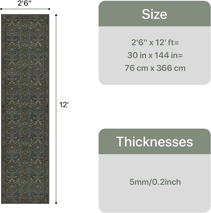 GENIMO Floral Washable Runner Rug 2’6”x12’, Non-Slip Long Hallway Carpet for Entryway, Kitchen, Indoor Floor Use, Vintage Boho Soft Thin Rug Décor, Dark Green