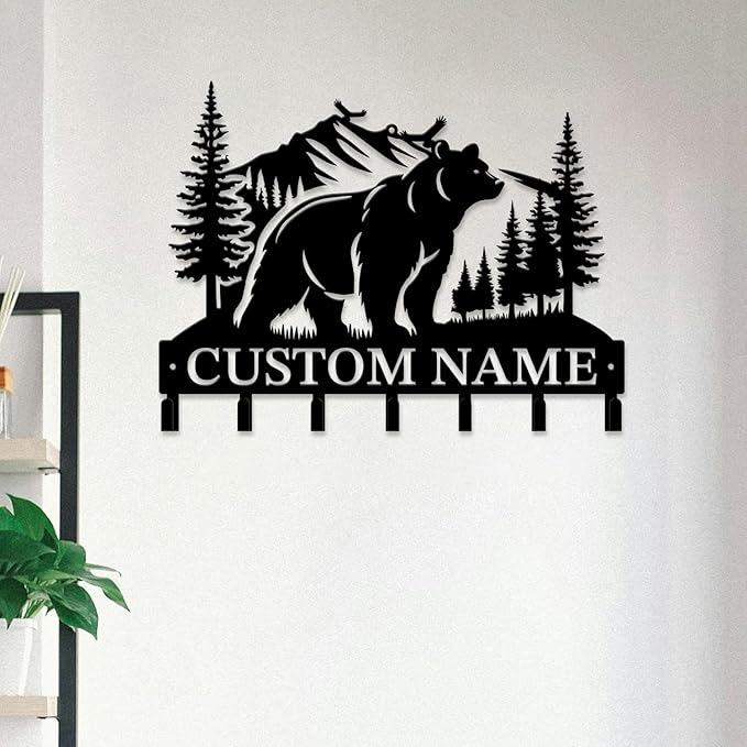 Personalized Custom Name Bear Key Wall Hooks,Metal Bear Keys Clothes Hooks,Metal Bear Wall Home Storage Decorative,For Front Door, Hallway, Kitchen, Bedroom,Keys,Hats (Style D)