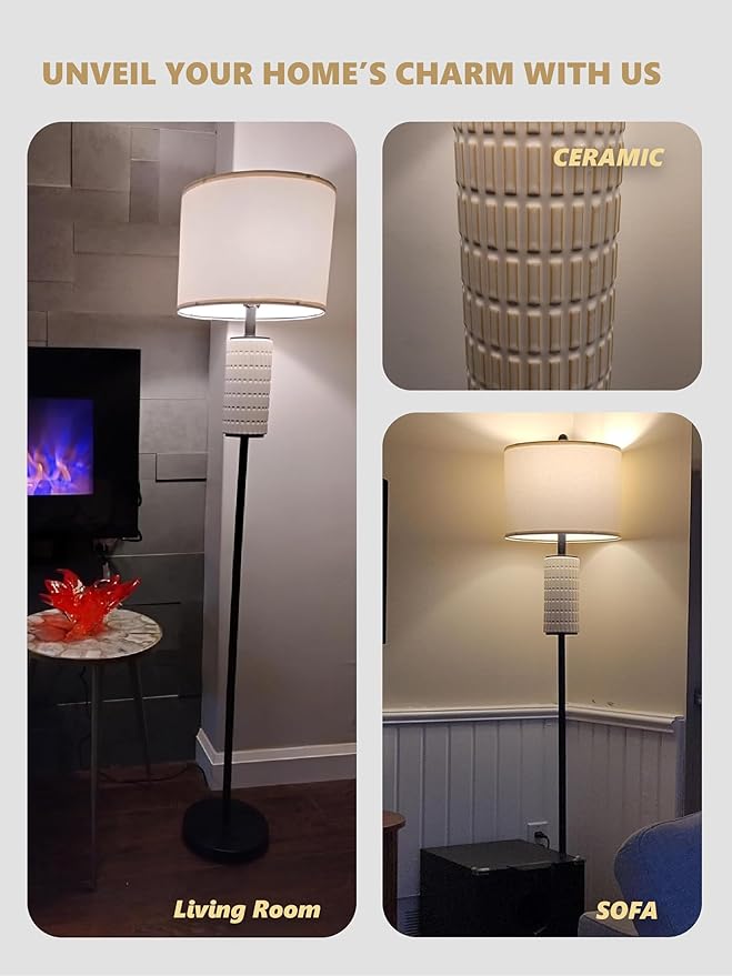 PoKat Ceramic Floor Lamps for Living Room, 64" Modern Standing Lamps for Bedroom, Farmhouse Tall Floor Lamps for Living Room Dinning Reading Home Office, Nursery, Rotary Switch, Matte Black