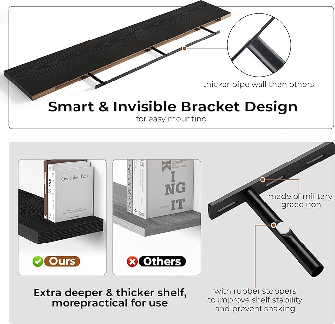 Fun Memories 72 Inch Floating Shelves for Wall, Fireplace Mantel Shelf with Invisible Heavy Duty Bracket, 8 Inch Deep Storage Shelf for Living Room, Kitchen, Farmhouse, Black (2-Pack)