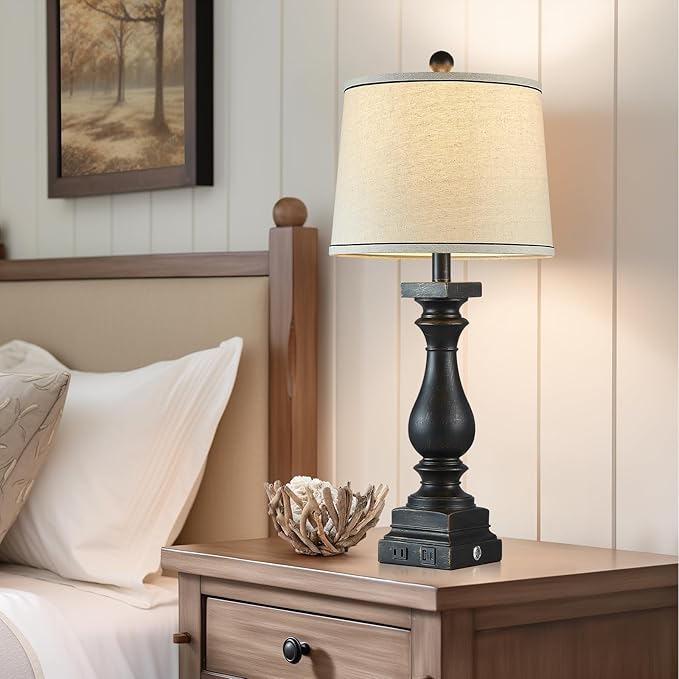 28" Tall Farmhouse Table Lamps with USB C+A Ports and AC Outlet, 3 Way Touch Control Rustic Bedside Lamps for Bedroom, Black Vintage Nightstand Lamps for Living Room Office