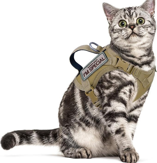 Tactical Cat Harness for Walking Escape Proof, Soft Mesh Adjustable Pet Vest Harness for Large Cat, Small Dog and Khaki…