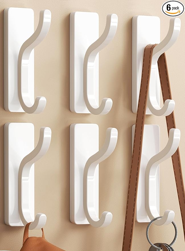 pickpiff Adhesive Wall Coat Hooks - Heavy Duty Stick-On Door Hanger, Metal Hook for Hanging Towel,Purse, Robe, Backpack, Jacket, Clothes - for Bathroom,Dorm, Closet, Kitchen - White, 6 Pack