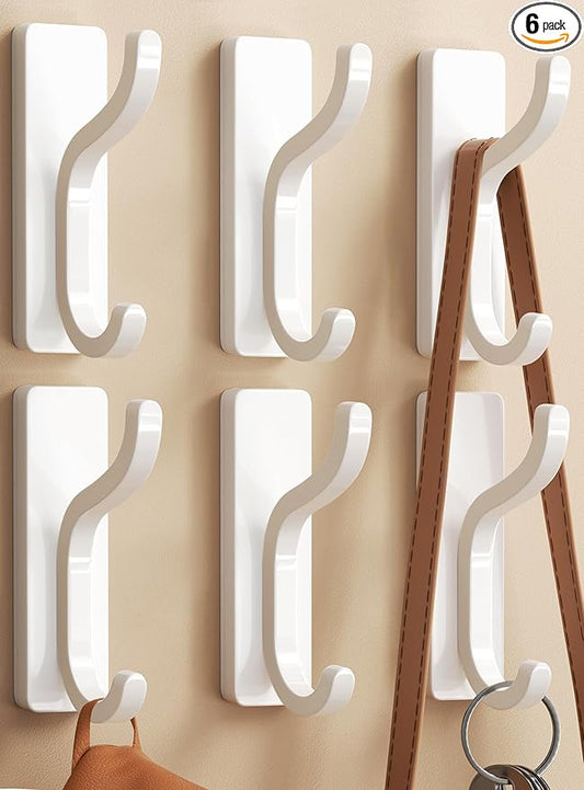 pickpiff Adhesive Wall Coat Hooks - Heavy Duty Stick-On Door Hanger, Metal Hook for Hanging Towel,Purse, Robe, Backpack, Jacket, Clothes - for Bathroom,Dorm, Closet, Kitchen - White, 6 Pack