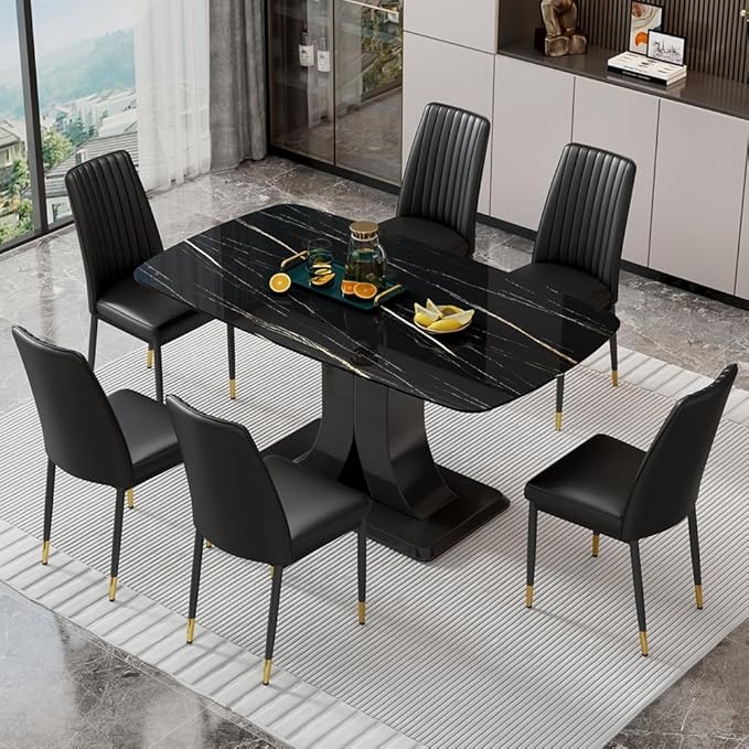 Modern Dining Table Set for 6, Marble Kitchen Table Chair Set for 6, Rectangular Kitchen Table with 6 Pu Leather Upholstered Chair for Dining Room (Black)