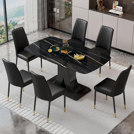 Modern Dining Table Set for 6, Marble Kitchen Table Chair Set for 6, Rectangular Kitchen Table with 6 Pu Leather Upholstered Chair for Dining Room (Black)