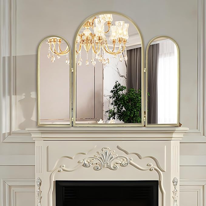 Trifold Vanity Mirrors 3 Way, 30 x 37in Adjustable Vanity Mirrors for Bathroom, Bedroom, Champaign Golden Arch Mirrors Wall Mounted Decoration, Braiding Hair, Makeup 360° Way