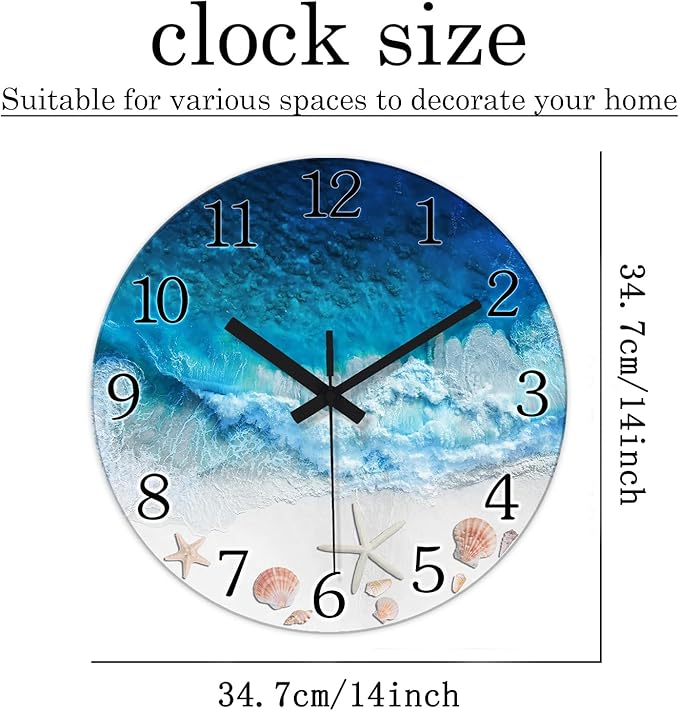 XNM Round Beach Battery Operated Wall Clock Decorative 14 Inch Bedroom Clock Analog Blue Coastal Wall Clock Silent