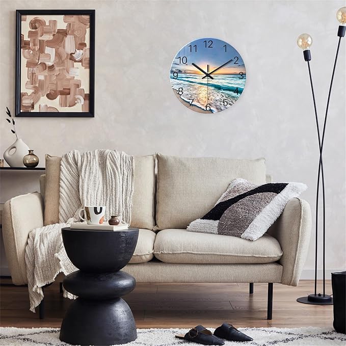 20 Inch Big Wall Clocks for Living Room Decor Analog Glass Wall Clock Non Ticking Beach Wall Clock Battery Operated