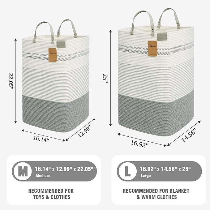 danpinera 75L Woven Laundry Hamper with Long Leather Handles, Baby Laundry Basket for Nursery, Tall Hampers for Bedroom Aesthetic, Decorative Clothes Storage Basket for Family White & Gray