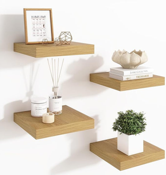 Fun Memories Floating Shelves for Wall - 7.5 Inch Square Shelves with Invisible Brackets, Oak Small Wall Shelf for Living Room, Bathroom, Bedroom, and Kitchen Decor，Set of 4