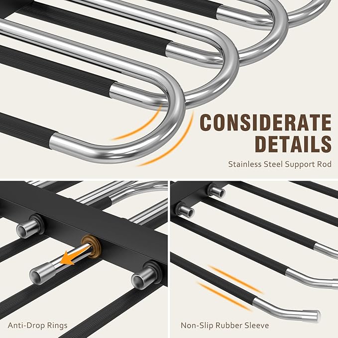 Space Saving 6 Tier Pant Hangers, Anti-Slip, Stainless Steel, 2 Pack, Black