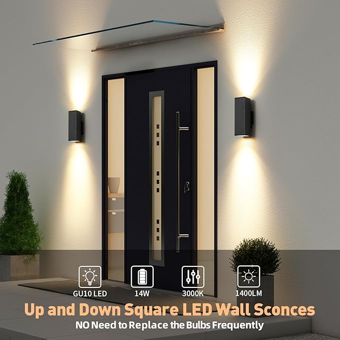 tewei LED Square Up and Down Lights Outdoor Wall Lights, Matte Black Exterior Lighting Fixtures with 7W LED Bulbs, Modern Outdoor Sconce Lights for House, Garage, Porch, Doorway, 2 Pack