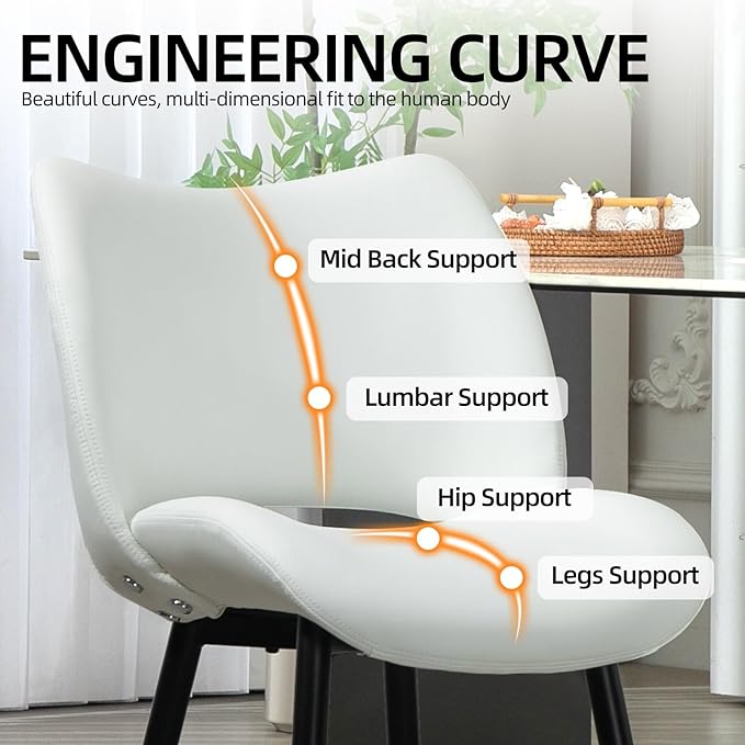 Modern Upholstered Dining Chairs Set of 2 Accent Dinner Chair with Pu Faux Leather and Middle Curved Back for Kitchen Living Room Bedroom (White)