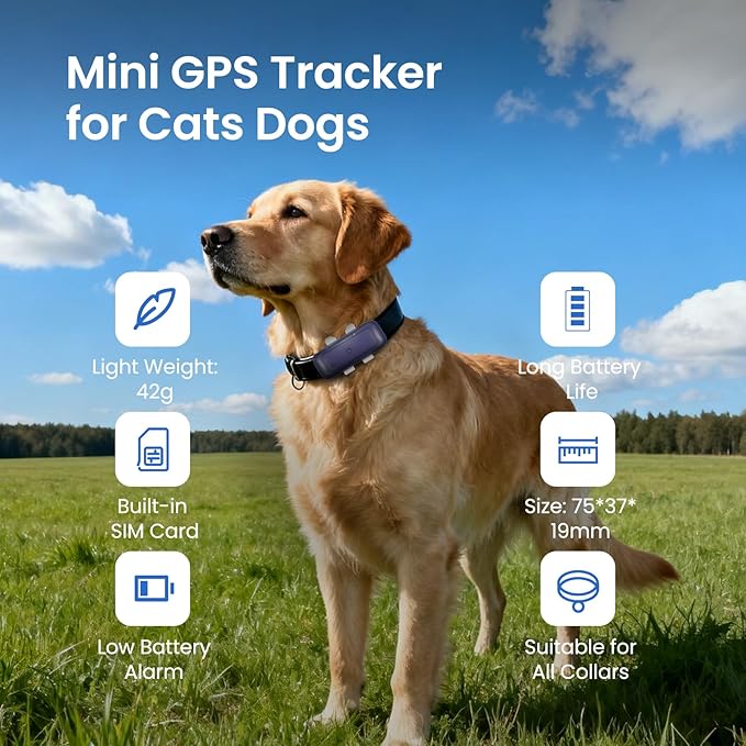 Dog Tracker Cat GPS Tracker Waterproof & Lightweight Mini Tracker Device with Real-Time Location Escape Alerts iOS & Android Fits All Pet Collars