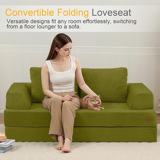 COMAX Convertible Sofa Bed, Folding Floor Couch Corduroy Fold Out Couch Bed Futon Sleeper Mattress with Pillows, Boneless Sofa Comfy Lounge Loveseat for Living Room Bedroom, Light Green