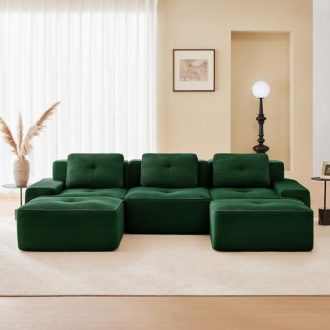115" Modern Corduroy Cloud Sofa with Ottoman, U Shaped Boneless Modular Large Sectional Couches for Living Room, Green 3 Seater Compressed Memory Foam Couch, Extra Deep Seat, No Assembly