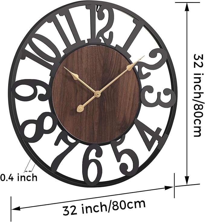 Vantic 32 Inch Large Wall Clock, Arabic Numeral Wood Oversized Wall Clocks for Living Room Decor, Farmhouse, Bedroom and Kitchen, Completely Silent, Non Ticking, Battery Operated