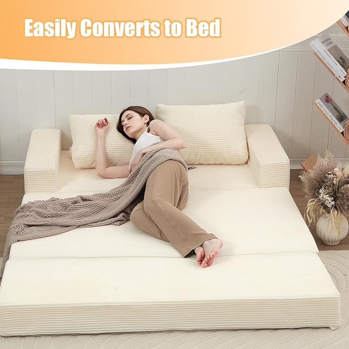 COMAX Convertible Sofa Bed Queen, Corduroy Folding Floor Couch Pull Out Couch Bed Futon Sleeper with Pillows, Fold Out Boneless Sofa Comfy Lounge Mattress Loveseat for Living Room Bedroom, Beige