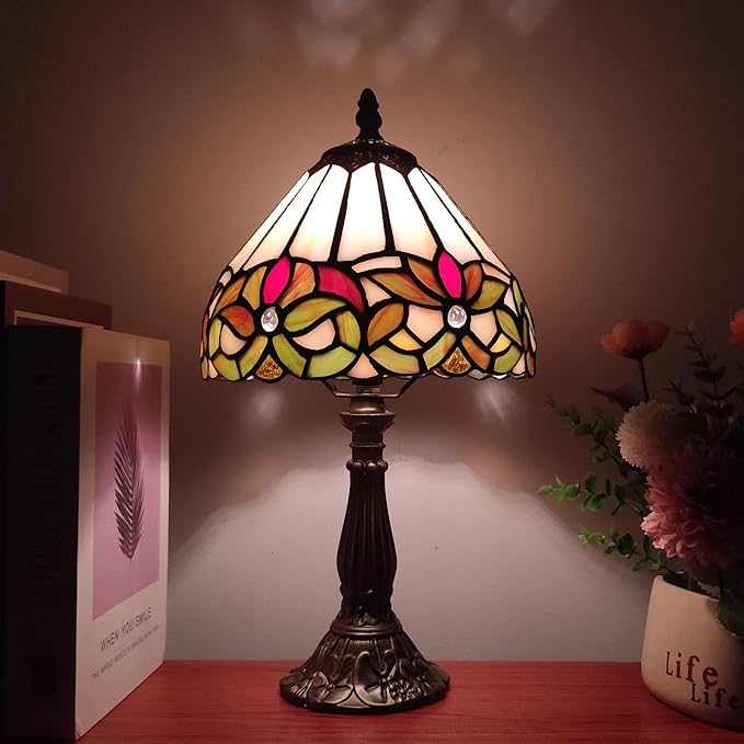 Tiffany Style Small Table Lamp Stained Glass Antique Bedside Nightstand Lamp Small Antique Side Desk Light 8X8X15 Inch for Bedroom Living Room Home Office,3-Color LED Bulb Include