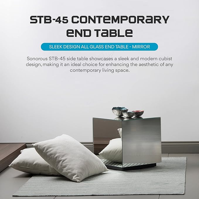 SONOROUS Premium Tempered Glass Side Table - Luxury Nightstand & Bedside Table for Bedroom or Living Room - High Gloss End Table in Mirror Finish - Sleek Cube Design with Fingerprint Resistant Glass