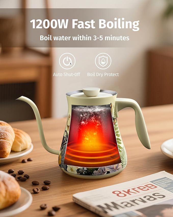 INFOOD 0.8L Gooseneck Electric Kettle, Precise Temperature Control for Pour Over Coffee & Tea, 1200W Fast Boiling Water, Auto Shut Off, Scheduling, Stainless Steel, Floral Painted Design