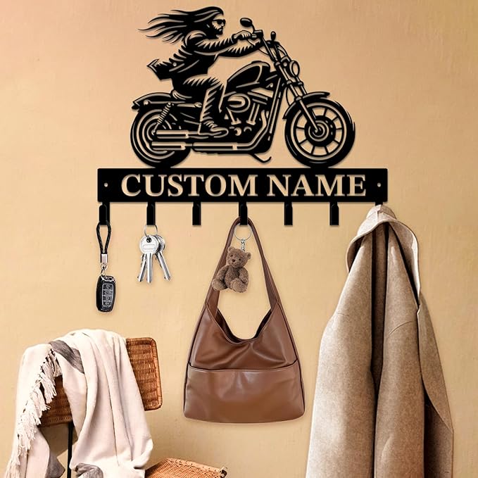 Personalized Custom Name Motorcycle Keys Hooks,Metal Motorcycle Art Clothes Keys Hooks,Metal Motorcycle Lover Wall Home Storage Decorative Keys Hooks,Key Holder Hooks for Wall (Style B)
