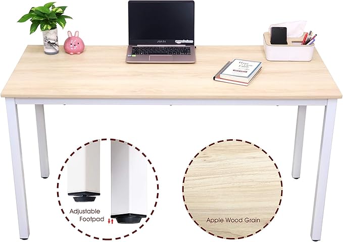 55 inch Large Computer Desk Wood, Modern Simple Style Desk for Home Office, Bedroom, Study Student Writing Desk, Small Spaces, White Metal Frame, Apple Wood Grain Top